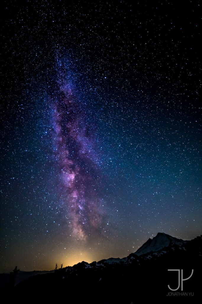 Summer Milky Way towers over Mount Baker
