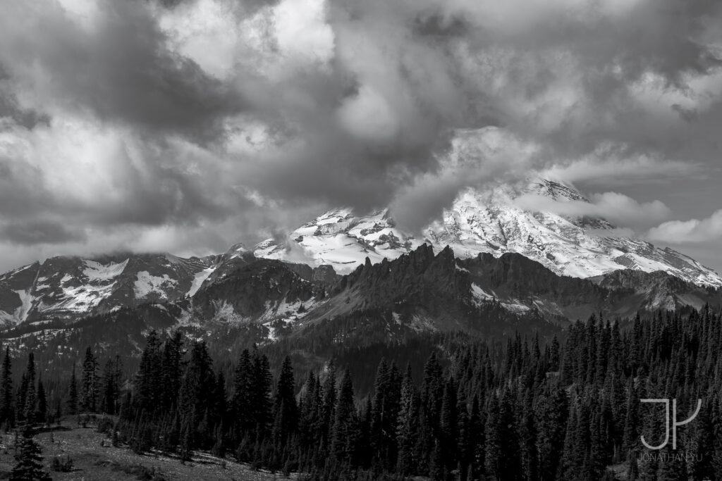 Mount Ranier hides behind early morning clouds 