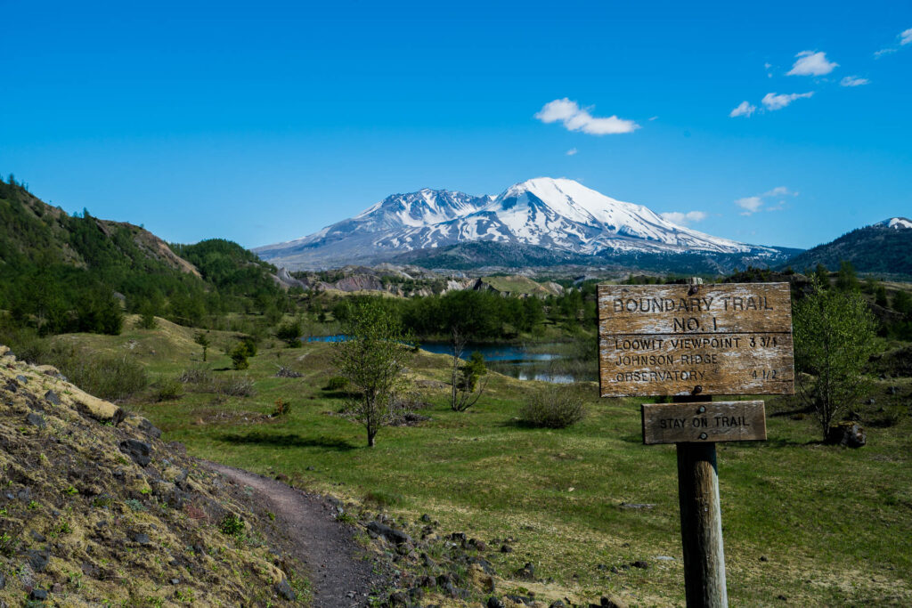 Hummocks Trail overlooking a small lake beneath Mt. St. Helens