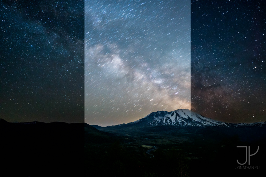 Slice of the two exposures. Short exposure for stars (left), long exposure for foreground (middle), and blended (right)