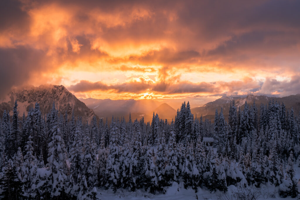 Winter sunset from Paradise visitor center area at Mt. Rainier National Park